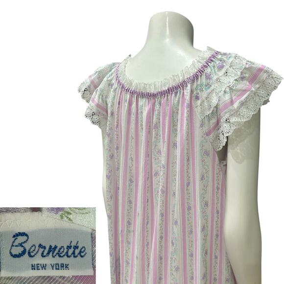 Vintage 1970s Pink Stripe Lace Floral Nightgown Off Shoulder / Large - - Picture 4 of 5